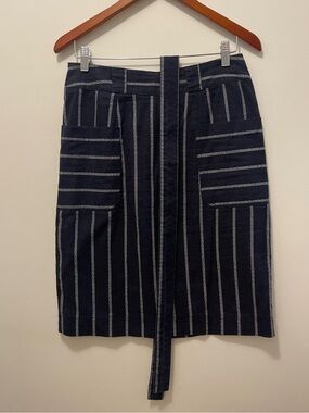 Paraphrase Navy and White Vertical-Stripe Tie-Waist A-Line Skirt